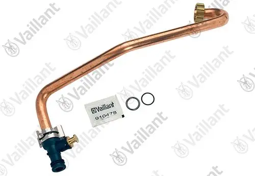 Kupferrohr mit Anschlussstück von Vaillant, versehen mit Dichtungen und O-Ringen. Geeignet für Heizungsinstallationen oder Systemerweiterungen.